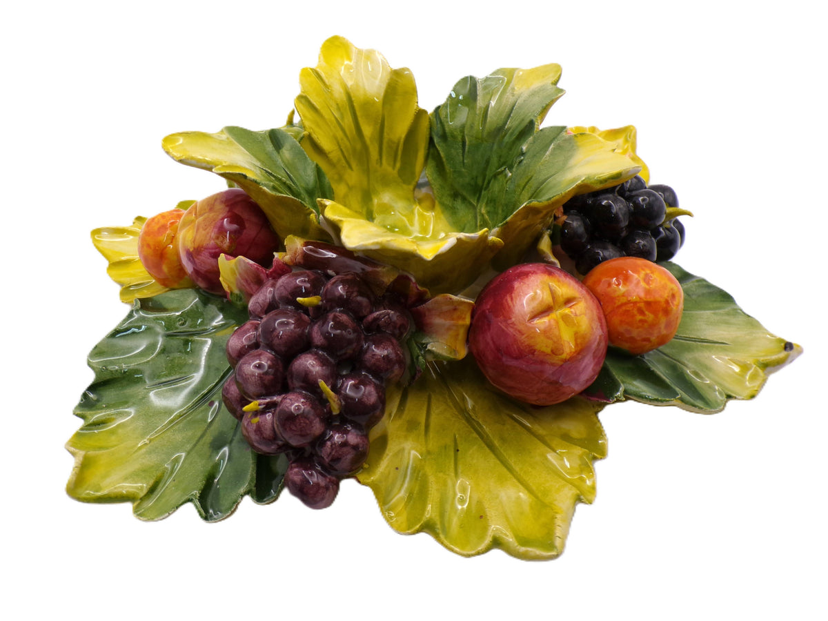 Portavelas de cerámica italiana con racimo de uvas y frutas